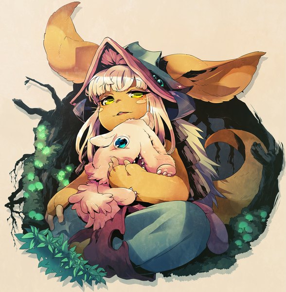 Anime picture 1500x1530 with made in abyss kinema citrus nanachi (made in abyss) mitty (made in abyss) taiki miyu single long hair tall image looking at viewer open mouth sitting yellow eyes white hair tail hug girl furry whiskers