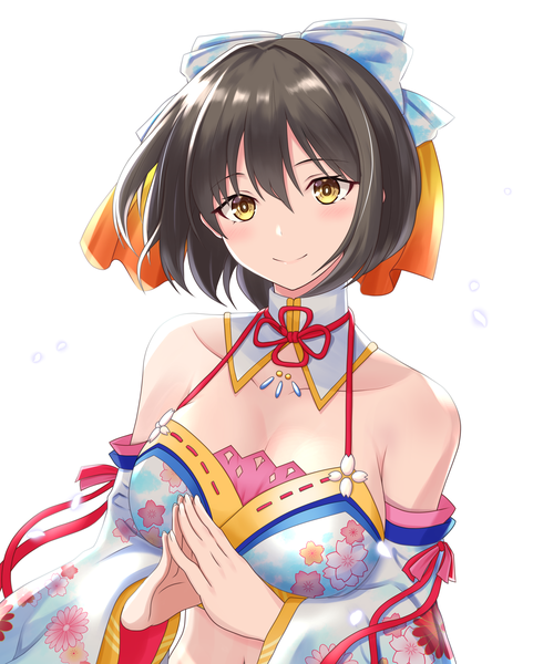 Anime picture 2816x3508 with idolmaster idolmaster cinderella girls takafuji kako pipin try single tall image looking at viewer blush fringe highres short hair breasts light erotic black hair simple background smile hair between eyes large breasts white background bare shoulders