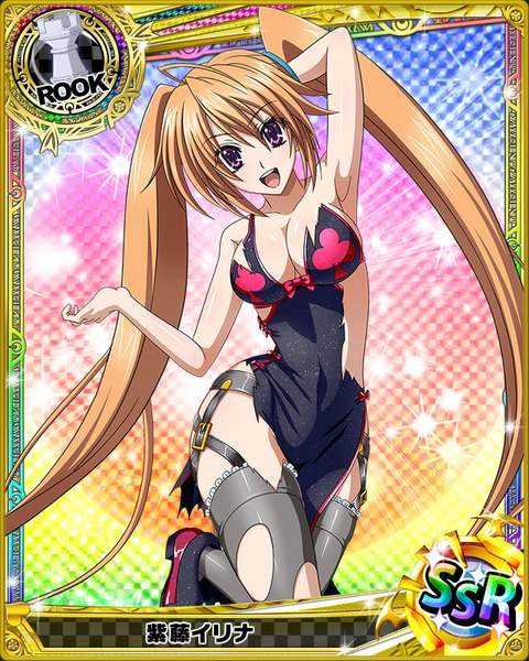 Anime picture 640x800 with highschool dxd shidou irina single tall image looking at viewer breasts open mouth light erotic brown hair twintails purple eyes cleavage very long hair torn clothes card (medium) girl thighhighs dress clothes