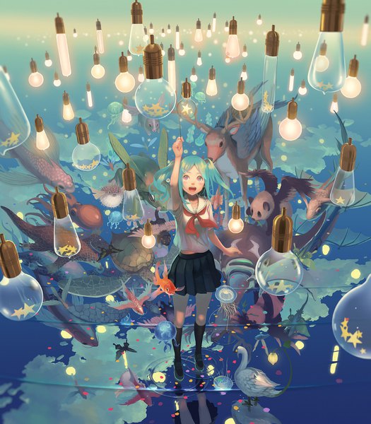 Anime picture 1261x1440 with original vofan single long hair tall image blush open mouth standing twintails looking away cloud (clouds) full body :d pleated skirt pink eyes arm up from above aqua hair reflection looking up