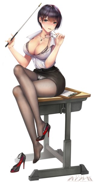 Anime picture 1692x3218 with iron saga dai (iron saga) zjsstc single tall image looking at viewer blush short hair breasts light erotic black hair simple background large breasts white background sitting holding brown eyes cleavage full body head tilt