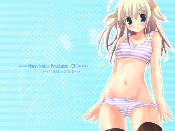 Anime picture 1600x1200 with original ikegami akane single long hair looking at viewer blush blue eyes light erotic blonde hair twintails bare shoulders signed ahoge parted lips inscription from below wallpaper underwear only short twintails blue background