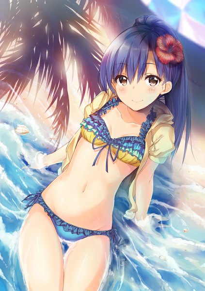 Anime picture 624x886 with idolmaster kisaragi chihaya kokusan moyashi single long hair tall image looking at viewer blush fringe light erotic smile sitting brown eyes blue hair ponytail head tilt hair flower open jacket bare belly bare legs