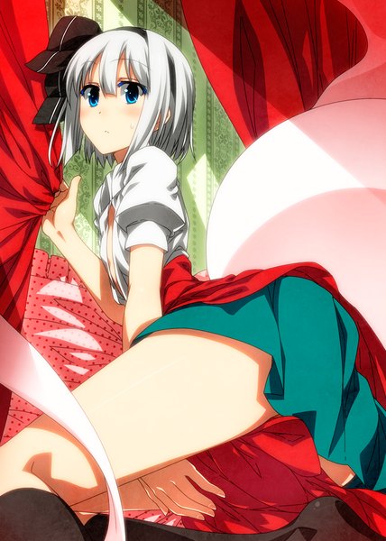 Anime picture 800x1120 with touhou konpaku youmu sazanami mio single tall image looking at viewer blush short hair blue eyes light erotic white hair girl dress skirt miniskirt socks hairband black socks green skirt