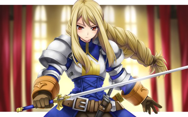 Anime picture 1920x1200 with final fantasy final fantasy tactics square enix agrias oaks hotori (sion) long hair highres blonde hair red eyes wide image single braid girl weapon sword armor