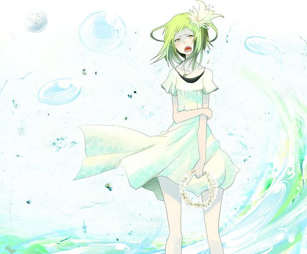 Anime picture 1160x962 with original tansuke single short hair open mouth yellow eyes hair flower green hair tears crying girl dress hair ornament flower (flowers) water white dress