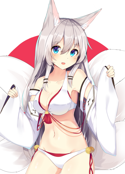 Anime picture 2400x3350 with original mizuki ryuu single long hair tall image looking at viewer blush fringe highres breasts open mouth blue eyes light erotic simple background smile hair between eyes standing white background bare shoulders animal ears