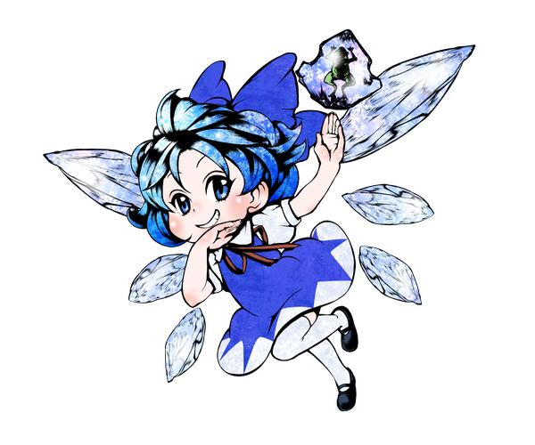 イラスト 1800x1500 と 東方 チルノ アメタロウ ソロ カメラ目線 赤面 highres 短い髪 青い目 笑顔 青い髪 transparent background 女の子 ストッキング ドレス ちょう結び ヘア蝶結び 白いストッキング 翼 氷