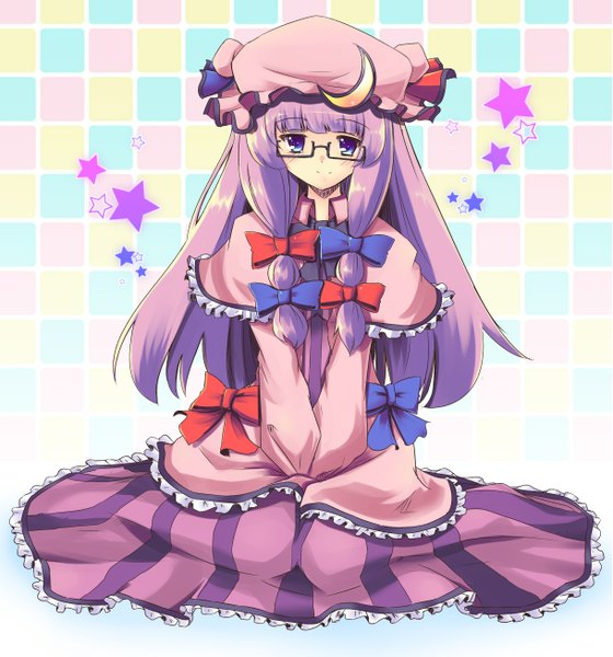 Anime picture 1219x1305 with touhou patchouli knowledge snow (gi66gotyo) single long hair tall image blue eyes smile purple hair girl dress bow glasses star (symbol) bonnet