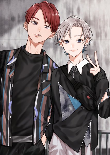 Anime picture 1032x1452 with original nazutaro tall image looking at viewer short hair smile standing red hair grey hair multiple boys grey eyes open shirt victory hand in pocket unzipped boy shirt 2 boys zipper fanny pack