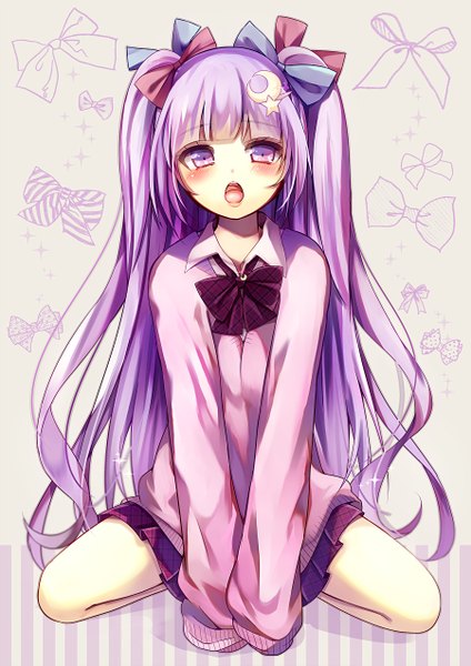 Anime picture 900x1273 with touhou patchouli knowledge ukita uuko single long hair tall image looking at viewer blush fringe open mouth sitting purple eyes twintails payot purple hair blunt bangs pleated skirt alternate costume alternate hairstyle between legs