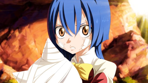 Anime picture 4200x2363 with fairy tail wendy marvell charle (fairy tail) tremblax long hair highres wide image brown eyes blue hair absurdres sunlight loli coloring sunbeam bandaid on face girl uniform school uniform animal bowtie