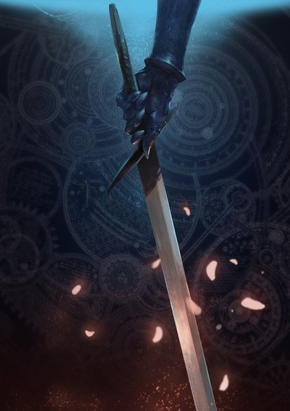 Anime picture 2480x3508 with original pixiv fantasia pixiv fantasia t azomo tall image highres holding magic gloves weapon sword armor hand magic circle sparks