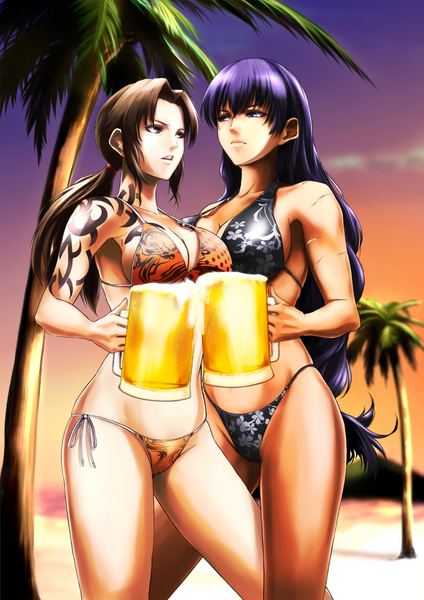Anime picture 868x1228 with black lagoon madhouse revy (black lagoon) roberta (black lagoon) din (raiden) long hair tall image breasts open mouth blue eyes light erotic brown hair multiple girls brown eyes purple hair tattoo scar girl 2 girls swimsuit