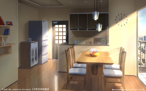 Anime picture 1536x960 with original sion005 signed sky indoors sunlight inscription city cityscape no people morning 2018 plant (plants) food window book (books) chair table fruit clock