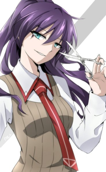 Anime picture 800x1300 with akuma no riddle takechi otoya kago-tan single long hair tall image looking at viewer simple background white background purple hair ponytail aqua eyes light smile girl school uniform scissors