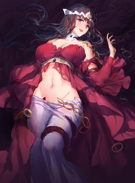 Anime picture 2126x2894 with venus blood swd3e2 single long hair tall image looking at viewer blush fringe highres breasts open mouth light erotic black hair large breasts purple eyes bare shoulders signed cleavage bent knee (knees) lying