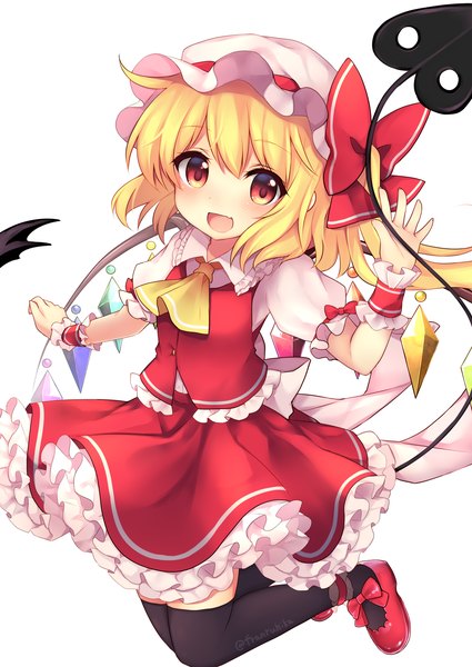 Anime picture 2507x3541 with touhou flandre scarlet ruhika single tall image looking at viewer highres short hair open mouth simple background blonde hair smile red eyes white background bent knee (knees) one side up girl thighhighs skirt weapon