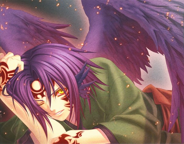 Anime picture 4318x3393 with hiiro no kakera mahiro atori looking at viewer highres short hair yellow eyes absurdres purple hair one eye closed wink tattoo boy wings