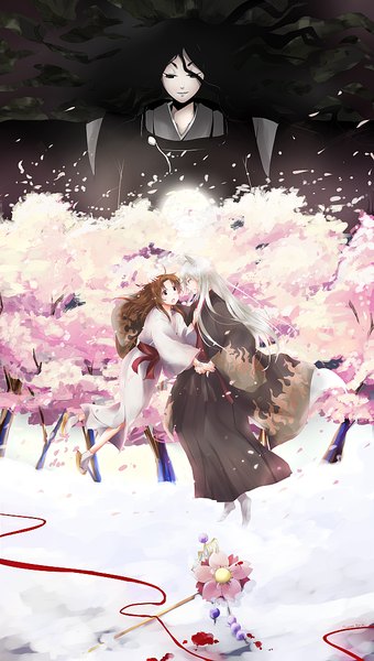 Anime picture 600x1056 with kamisama hajimemashita tomoe (kamisama hajimemashita) momozono nanami shiningninja long hair tall image fringe open mouth black hair brown hair brown eyes animal ears silver hair tail traditional clothes animal tail fox ears cherry blossoms fox tail pale skin