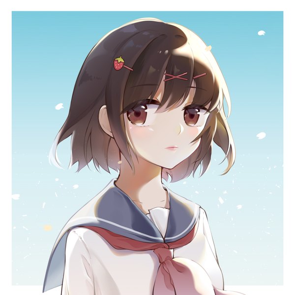 Anime picture 1500x1500 with original inuinu-s single blush fringe short hair simple background hair between eyes brown hair brown eyes looking away upper body gradient background border blue background outside border expressionless girl uniform hair ornament