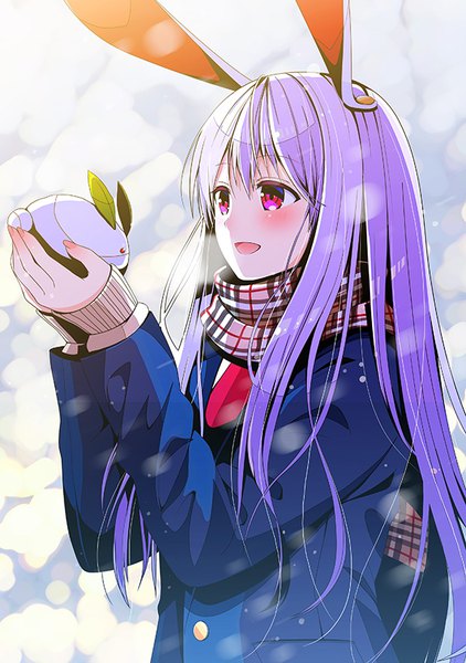 Anime picture 601x855 with touhou reisen udongein inaba yuuka nonoko long hair tall image blush open mouth smile red eyes holding animal ears looking away purple hair bunny ears sleeves past wrists snowing girl scarf coat winter clothes