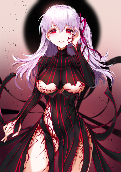 Anime picture 1412x2004 with fate (series) fate/stay night heaven's feel matou sakura dark sakura buri (retty9349) single long hair tall image looking at viewer blush fringe breasts light erotic simple background hair between eyes red eyes large breasts standing purple hair