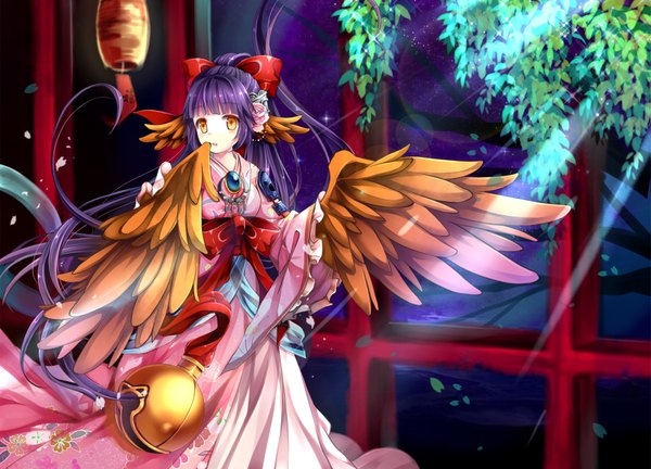Anime picture 1647x1186 with original gyaza single long hair yellow eyes purple hair girl dress hair ornament bow plant (plants) hair bow wings bell jingle bell