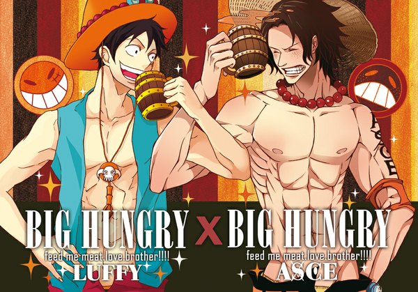 Anime picture 1000x699 with one piece toei animation monkey d. luffy portgas d. ace hora (genkou naka) short hair open mouth black hair smile eyes closed inscription hand on hip happy topless freckles boy hat vest beads alcohol