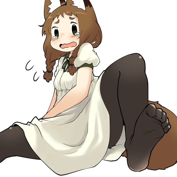 Anime picture 1280x1280 with original poko (yutturi) yutturi single long hair looking at viewer blush open mouth simple background brown hair white background green eyes animal ears tail braid (braids) animal tail short sleeves spread legs embarrassed no shoes