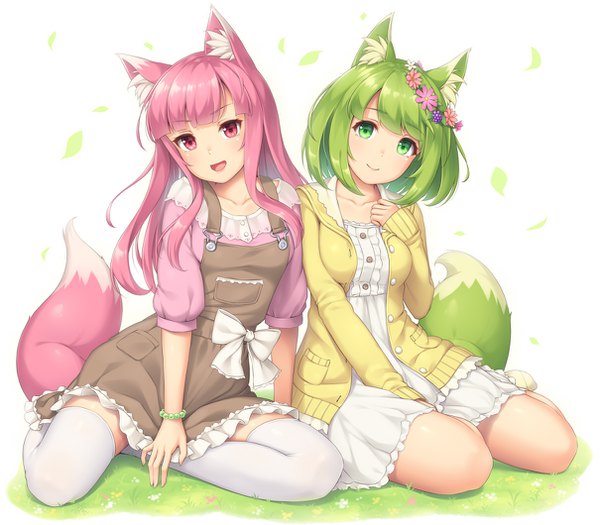 Anime picture 1210x1060 with original sasaame long hair looking at viewer blush fringe short hair open mouth simple background smile white background sitting multiple girls green eyes animal ears pink hair tail long sleeves head tilt :d