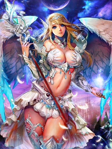 Anime picture 1000x1333 with ken (kenshjnpark) single long hair tall image looking at viewer breasts blue eyes light erotic blonde hair large breasts bare shoulders midriff city magic angel wings girl navel wings feather (feathers) staff