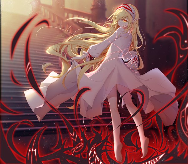 Anime picture 2000x1745 with bloodline ruthtria (bloodline) niharu single fringe highres blonde hair yellow eyes looking away full body very long hair looking back barefoot pointy ears hair over one eye bare legs girl dress white dress stairs