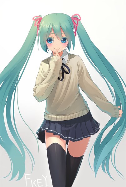 Anime picture 1000x1484 with vocaloid hatsune miku fkey single tall image blush blue eyes simple background white background twintails very long hair aqua hair girl thighhighs skirt ribbon (ribbons) black thighhighs hair ribbon miniskirt sweater