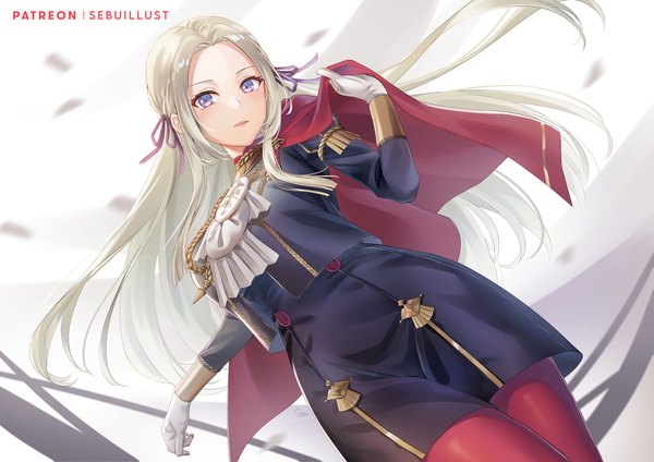 Anime picture 1273x900 with fire emblem fire emblem: three houses nintendo edelgard von hresvelg sebu illust single long hair looking at viewer open mouth simple background standing white background purple eyes signed white hair long sleeves arm up dutch angle floating hair girl