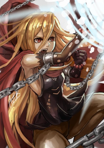 Anime picture 2480x3508 with overlord (maruyama) madhouse evileye (overlord) viride single long hair tall image fringe highres open mouth blonde hair hair between eyes red eyes bare shoulders signed looking away bent knee (knees) teeth armpit (armpits) shiny skin