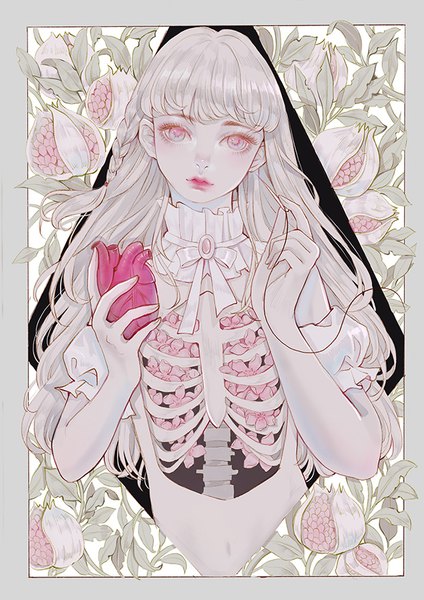 Anime picture 630x891 with original lin qi single long hair tall image looking at viewer fringe silver hair upper body braid (braids) pink eyes puffy sleeves lipstick side braid pink lipstick skeleton girl flower (flowers) detached collar thread