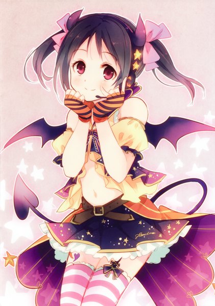 Anime picture 1740x2481 with love live! school idol project sunrise (studio) love live! yazawa nico ousaka nozomi single tall image blush highres short hair black hair red eyes twintails bare shoulders tail horn (horns) light smile halloween demon tail demon wings
