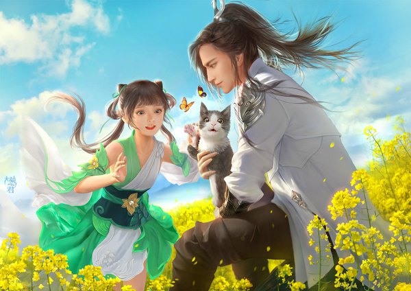 Anime picture 1556x1100 with yojyo long hair open mouth brown hair sitting holding brown eyes sky cloud (clouds) outdoors ponytail profile wind wide sleeves grey eyes leaning leaning forward running meadow girl