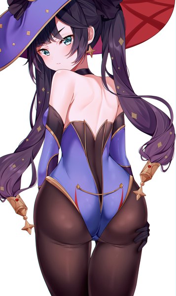 Anime picture 2500x4200 with genshin impact mona megistus reel (riru) single long hair tall image looking at viewer blush fringe highres breasts light erotic simple background standing white background twintails bare shoulders payot purple hair ass