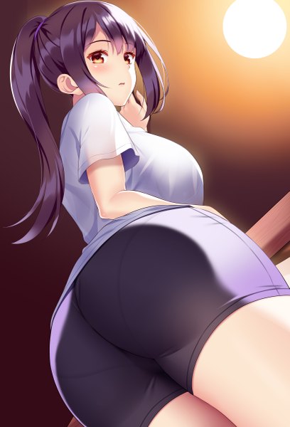 Anime picture 1634x2400 with original huyumitsu single long hair tall image looking at viewer blush fringe breasts light erotic large breasts standing brown eyes payot purple hair ass ponytail indoors parted lips looking back