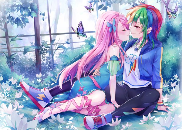 Anime picture 4500x3212 with my little pony rainbow dash fluttershy daefny long hair blush fringe highres smile hair between eyes sitting bare shoulders multiple girls looking away pink hair absurdres full body bent knee (knees) outdoors eyes closed