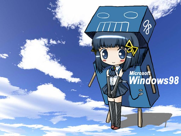 Anime picture 1024x768 with os-tan windows (operating system) futaba channel 98-tan (hacchan) single looking at viewer blush fringe short hair blue eyes black hair smile standing full body blunt bangs shadow girl hair ornament box