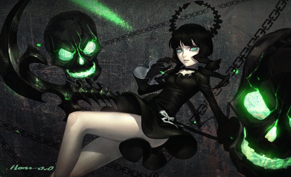 Anime picture 6834x4169 with black rock shooter dead master han-0v0 long hair looking at viewer fringe highres black hair wide image signed absurdres horn (horns) aqua eyes legs glow curly hair girl dress bow choker