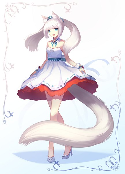 Anime picture 852x1179 with cubies (tiger 205) single long hair tall image blue eyes white background twintails animal ears white hair tail animal tail girl dress