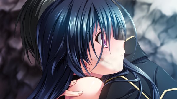 Anime picture 1280x720 with hyakka ryouran elixir senomoto hisashi long hair short hair black hair wide image purple eyes game cg couple hug girl boy