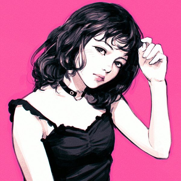 Anime picture 900x900 with original ilya kuvshinov single long hair looking at viewer fringe black hair simple background bare shoulders lips realistic adjusting hair pink background girl choker heart hand