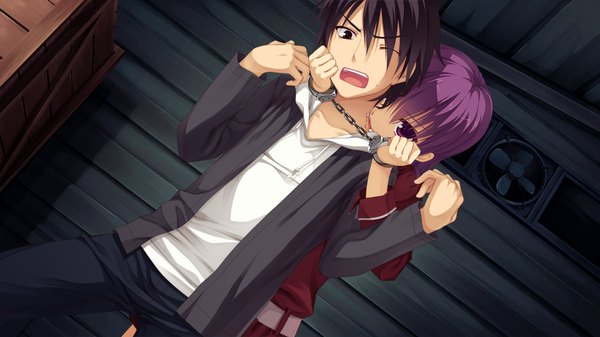 Anime picture 1280x720 with dracu-riot! yuzusoft short hair open mouth black hair wide image purple eyes game cg purple hair vampire girl boy blood handcuffs