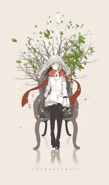 Anime picture 709x1200 with original koto2 single long hair tall image sitting eyes closed pleated skirt grey hair sparkle girl skirt plant (plants) pantyhose tree (trees) star (symbol) book (books) leaf (leaves) branch armchair