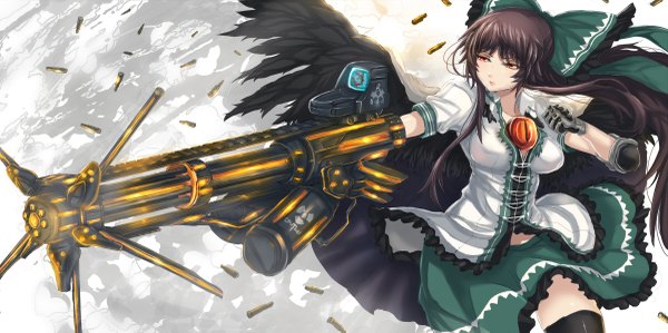 Anime picture 1200x599 with touhou reiuji utsuho panzer single long hair black hair red eyes wide image arm cannon girl thighhighs skirt gloves bow weapon black thighhighs hair bow miniskirt wings gun